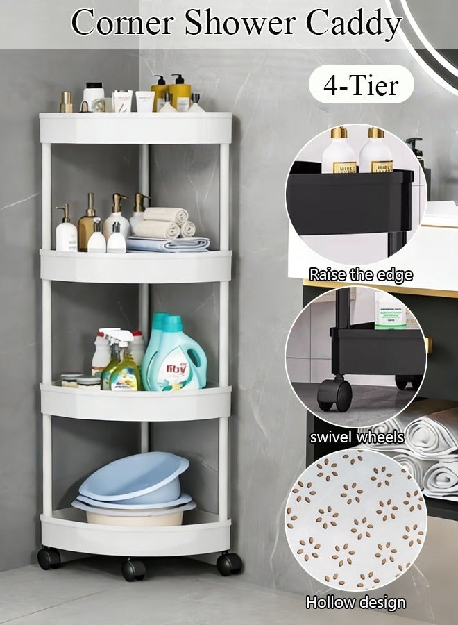 LOKIPA Plastic Shelf Bathroom Corner Shelves,Corner Shower Caddy Shelves, Bathroom Shower Shelves Unit Cart with Wheel, Rust Proof Open Storage Cart for Bathroom, Kitchen (White, 4-Tier) - Image 1